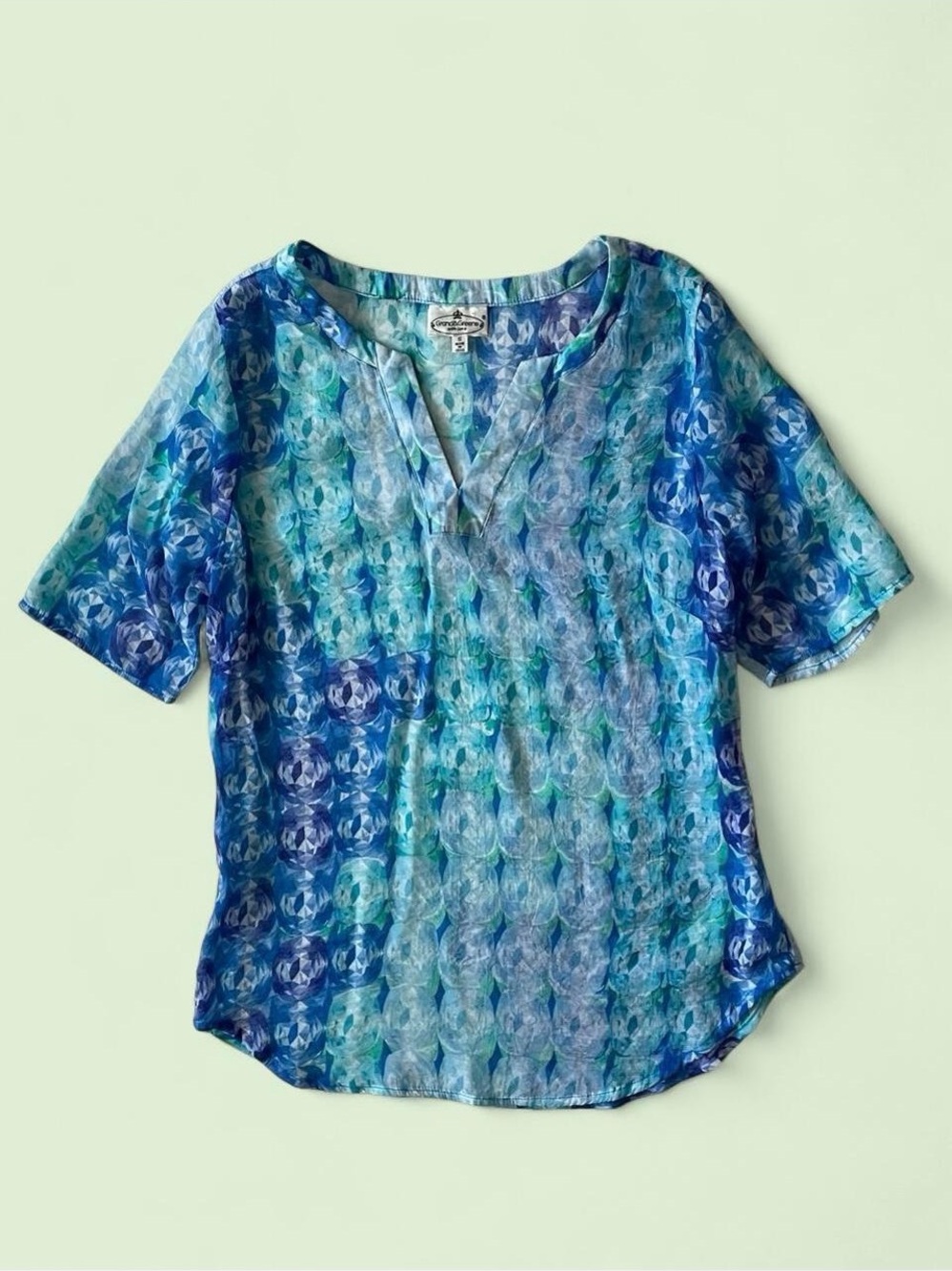 Grand & Greene Blue Green Floral Boho V Neck Blouse S Semi Sheer Geometric Gem